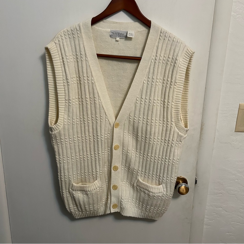 Vintage Cable Knit Sweater Vest Mens L Ivory Rob Winter Grandpacore Grannycore